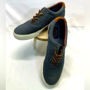 Polo Ralph Lauren Sneakers 10.5 Denim Blue‎ W/Brown Suede Accents 
PREOWNED